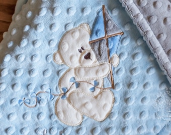 Teddy Bear Kite Minky Baby Blanket - Custom Colors shown in Baby Blue and Silver