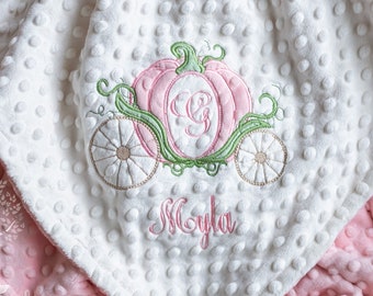 Minky Baby Girl Blanket, Personalized, Appliqued, Princess Carriage, Pumpkin Carriage, Custom, Made to Order, Baby Shower Gift, Baby Gift