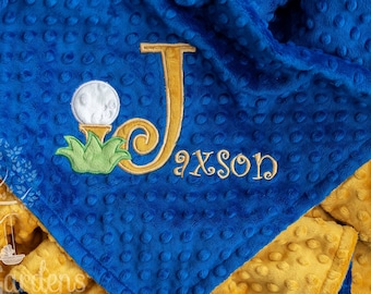 Golf Baby Blanket, Monogrammed, Appliqued, Blue and Gold, Personalized, Baby Gift, Baby Shower Gift, Custom, Made to Order