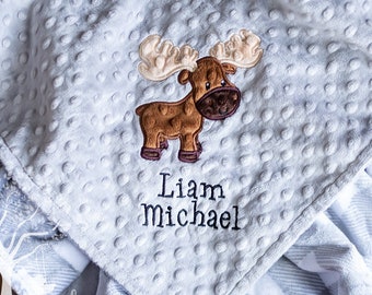 Personalized Moose Baby Blanket, Personalized Minky Baby Blanket, Baby Boy Blanket, Appliqued Moose Baby Blanket, Personalized Baby Gifts