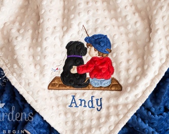 Personalized Baby Boy Minky Blanket, Appliqued Boy with Dog, Stroller Blanket, Crib Blanket, Toddler Blanket, Baby Gift, Baby Shower Gift