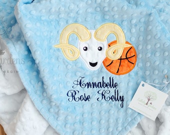 Personalized Appliqued Ram and Basket Ball Minky Baby Blanket, Stroller Blanket, Crib Blanket, Toddler Blanket, Baby Gift, Baby Shower Gift