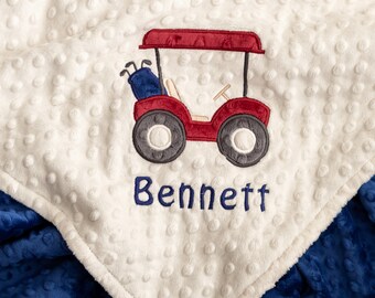 Manta de bebé Minky personalizada con diseño de carrito de golf / Colores personalizados: marfil y azul medianoche