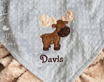 Moose Baby Boy Minky Baby Blanket, Appliqued Moose Baby Blanket, Personalized Baby Gifts, Personalized Baby Shower Gift