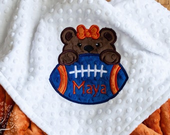 Bear Girl Football Personalized Minky Baby Blanket, Personalized Baby Gift, Toddler size, Crib Size, Stroller Size