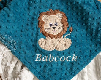 Lion Minky Baby Blanket: Personalized, Choice of Colors, Mallard and Ivory shown.