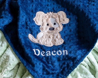 Puppy Minky Blanket for Baby Girl or Baby Boy, Appliqued, Choice of Colors