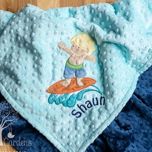 Surfer Boy Appliqued Minky Baby Blanket, Personalized Baby Gift