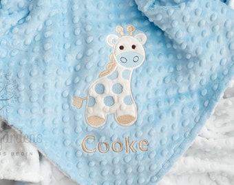 Giraffe Personalized Minky Baby Blanket, Personalized Minky Baby Blanket, Blue and White Giraffe Appliqued Blanket, Personalized Baby Gifts