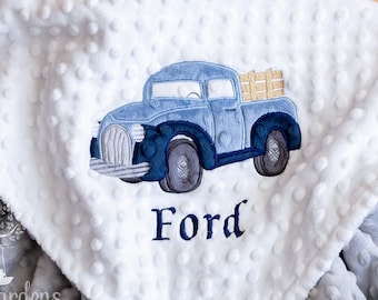 Personalized Minky Baby Blanket, Appliqued Truck Minky Baby Blanket, Baby Boy Blanket, Personalized Baby Gift,  Antique Pickup Truck Blanket