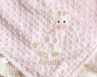 Giraffe Personalized Minky Baby Girl Blanket, Appliqued Giraffe Blanket, Stroller Blanket, Toddler Blanket, Crib Blanket, Newborn Blanket