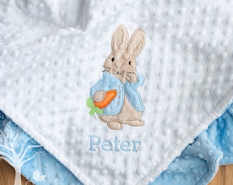 Peter Rabbit Appliqued Minky Baby Blanket, Personalized, Choice of Colors