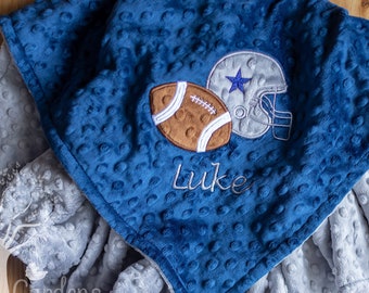 Personalized Baby Boy Minky Blanket, Appliqued Football, Stroller Blanket, Crib Blanket, Toddler Blanket, Baby Gift, Baby Shower Gift