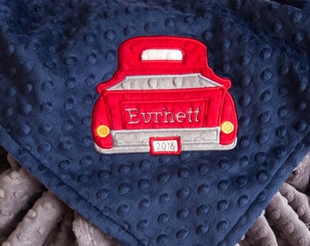 Personalized Minky Baby Blanket, Appliqued Truck Minky Baby Blanket, Baby Boy Blanket, Personalized Baby Gift,  Antique Pickup Truck Blanket