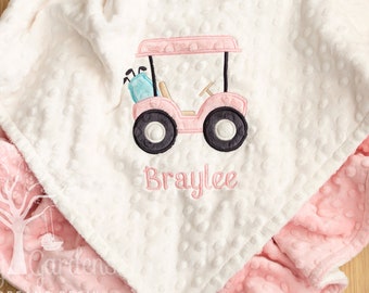 Personalized Appliqued Golf Cart Minky Baby Girl Blanket | Custom Colors, Ivory and Blush Featured