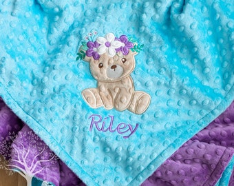 Baby Girl Minky Blanket, Floral Teddy Bear, Stroller Blanket, Crib Blanket, Toddler Blanket, Personalized, Appliqued, Baby Shower Gift