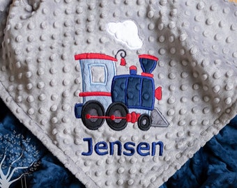 Train Engine Personalized Baby Boy Minky Blanket, Appliqued, Stroller Blanket, Crib Blanket, Toddler Blanket, Baby Gift, Baby Shower Gift