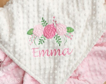 Rose Floral Garland Baby Girl Blanket Blanket, Choice of colors, Personalized Baby Gift, Made by Lullaby Gardens