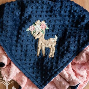 Personalized Appliqued Deer Baby Girl Minky Blanket