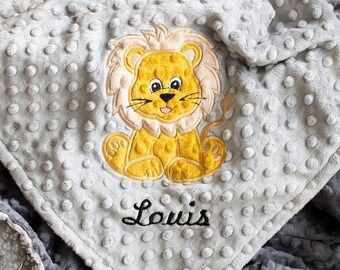 Lion Appliqued Minky Baby Blanket | Custom Colors, Steel and Ash featured.