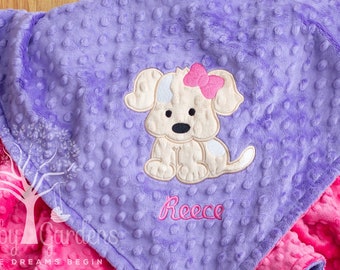 Girl Puppy With Bow Appliqued Minky Baby Blanket With Personalization and Choice of Colors, Baby Girl Blanket, Baby Shower Gifts, Baby Gift