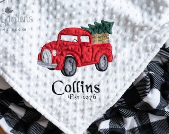 Christmas Tree Pickup truck, Personalized Buffalo Plaid Minky Baby Blanket