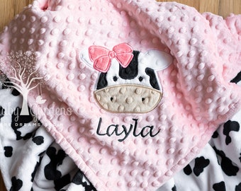 Couverture pour bébé personnalisée Minky vache | Couleurs personnalisées, blush et impression de vache en vedette