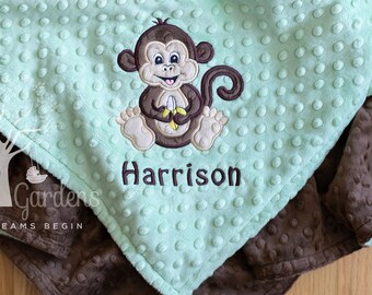 Monkey Appliqued Minky Baby Blanket, Personalized, Custom Baby Blankets, Baby Shower Gift