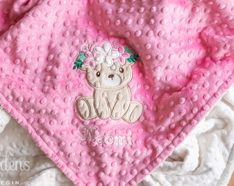 Baby Girl Minky Blanket, Appliqued Floral Teddy Bear Blanket