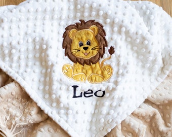 Lion Appliqued Minky Baby Blanket: Choice of Colors, Shown in Ivory and Beige