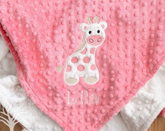 Personalized Appliqued Giraffe Coral Minky Baby Girl Blanket