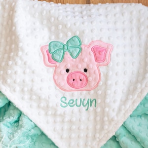 Personalized Appliqued Pig Minky Baby Blanket, Personalized Baby Gift, Baby Shower Gift, Custom Baby Blanket, Made by Amoree Collins