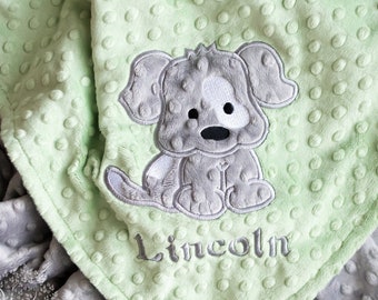 Manta de bebé Minky personalizada con apliques de cachorro / Colores personalizados, verde salvia y plata incluidos.