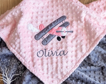 Personalized Baby Girl Minky Blanket, Appliqued Airplane, Stroller Blanket, Crib Blanket, Toddler Blanket, Baby Gift, Baby Shower Gift