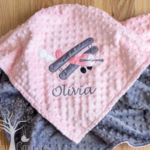 Personalized Baby Girl Minky Blanket, Appliqued Airplane, Stroller Blanket, Crib Blanket, Toddler Blanket, Baby Gift, Baby Shower Gift