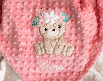 Floral Teddy Bear Appliqued Baby Girl Minky Blanket