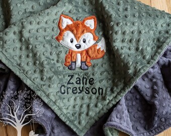 Fox, Personalized Minky Baby Blanket: Woodland Theme, Choice of colors, Shown in Hunter & Charcoal