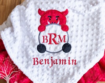 Razorback Appliqued Personalized Minky Baby Blanket, Arkansas Razorback inspired monogramed baby blanket.