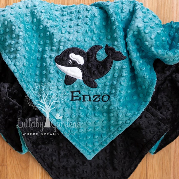 Orca Whale Personalized Baby Boy Blanket, Appliqued, Nautical Blanket, Teal and Black Blanket, Personalized Baby Gift, Baby Shower Gift