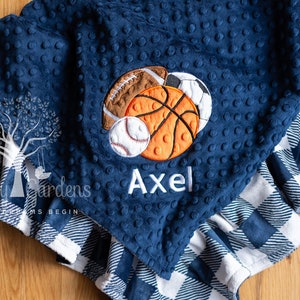 Sports Balls Appliqued Minky Baby Blanket | Personalized | Football, Basketball, Soccer, Basetball Blanket | Choice of Colors | Baby Gift