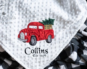 Antique Pickup Truck and Christmas Tree Throw Blanket, Personalized, Adult Size, Buffalo Plaid Minky Blanket