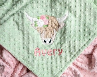 Personalized, Appliqued Highland Cow, Minky Baby Blanket, Baby Girl Blanket, Baby Shower Gift, Choice of Colors, Made By Amoree Collins