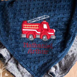 Appliqued Fire Truck, Fire Engine Minky Baby Blanket, Personalized and Customizable, Baby Boy or Baby Girl