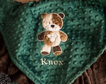 Teddy Bear Baby Boy Minky Blanket, Appliqued Teddy Bear Blanket, Personalized Baby Gift