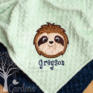 Sloth Appliqued Minky Baby Boy Blanket, Personalized, Sage, Navy, Custom, Made to Order, Baby Shower Gift, Baby Gift