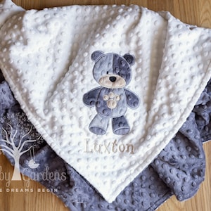 Baby Boy Minky Blanket, Appliqued Teddy Bear, Personalized Baby Gift