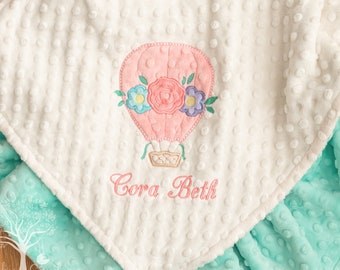 Personalized Minky Baby Girl Blanket With Appliqued Floral Hot Air Balloon