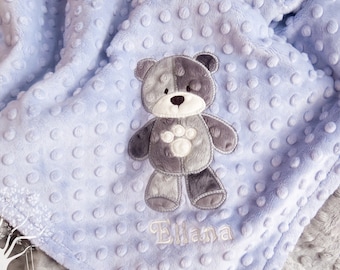 Patchwork Teddy Bear Appliqued Minky Baby Blanket, Personalized: Custom Colors, Lavender and Silver featured
