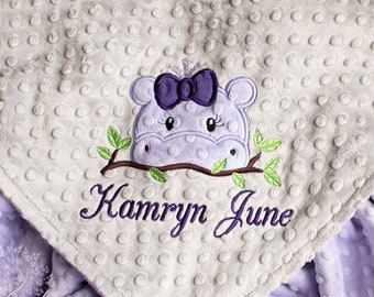 Hippopotamus Personalized Minky Baby Blanket, Peeker Hippo Baby Blanket, Personalized Baby Gift, Hippo Appliqued Minky Baby Blanket