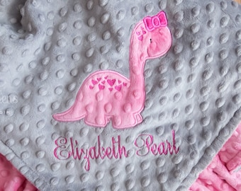 Personalized Minky Baby Blanket, Appliqued Dinosaur Minky Baby Blanket, Baby Girl Blanket, Personalized Baby Gift, Dinosaur Baby Blanket